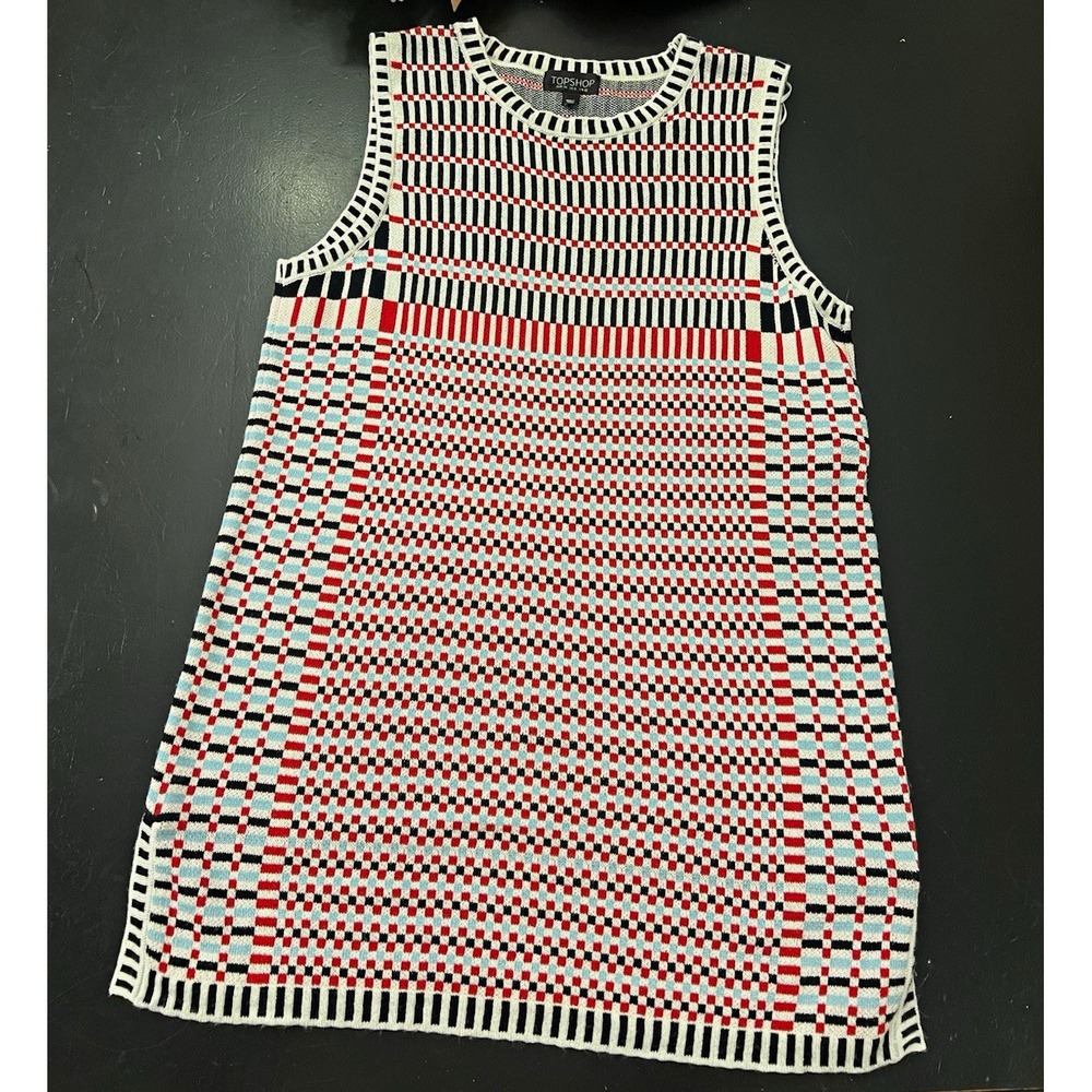 Topshop Multicolor Red Black Geometric Knit Sleeveless Tunic Tank Top Vest Sz 6